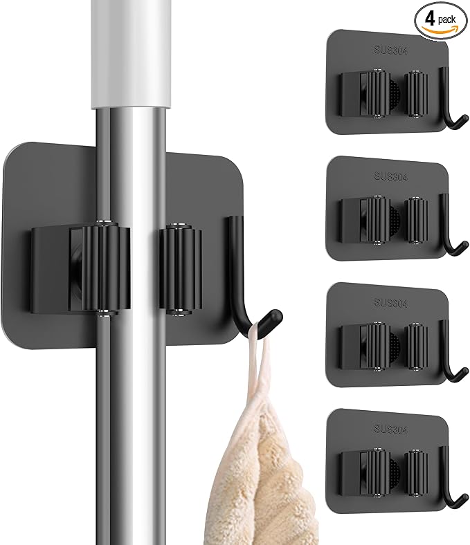 nacena 4 Pack No Drill Self Adhesive Broom Mop Holder Wall Mount with Hooks, Heavy Duty Stainless Steel Organizer for Kitchen Bathroom Garage Storage, Black by nacena