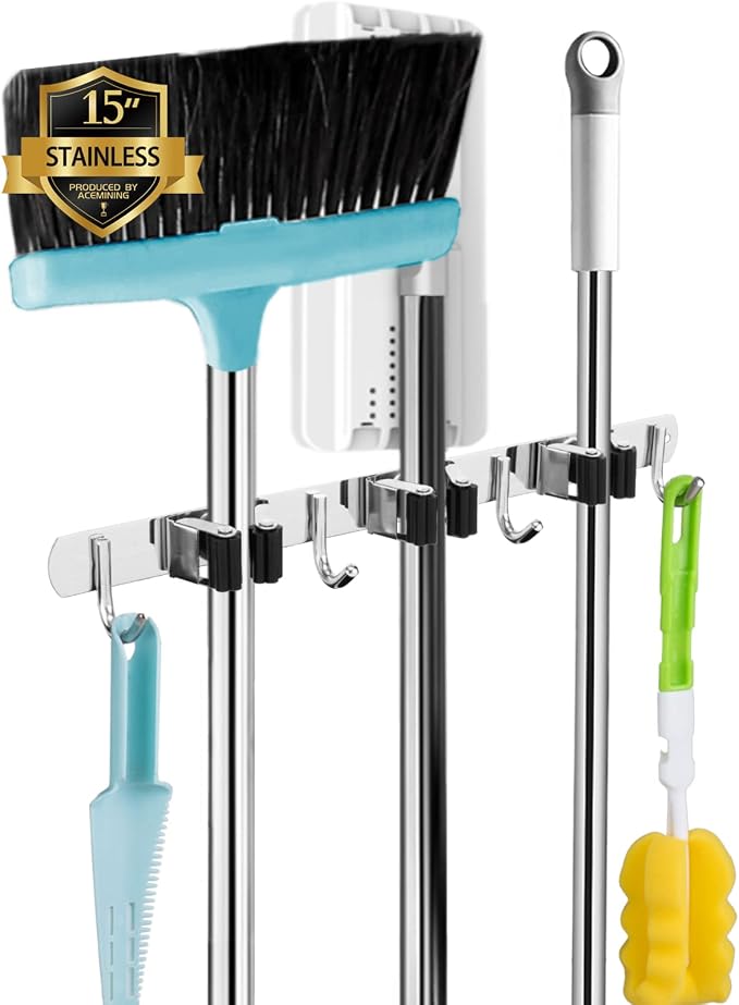 3 Racks and 4 Hooks Broom and Mop Holder Wall Mounted Garage Organizer Storage Tool Racks Stainless Steel Heavy Duty Hooks Self Adhesive Solid Non-slip Wall Hangers for Home Kitchen Garden Laundry by AceMining