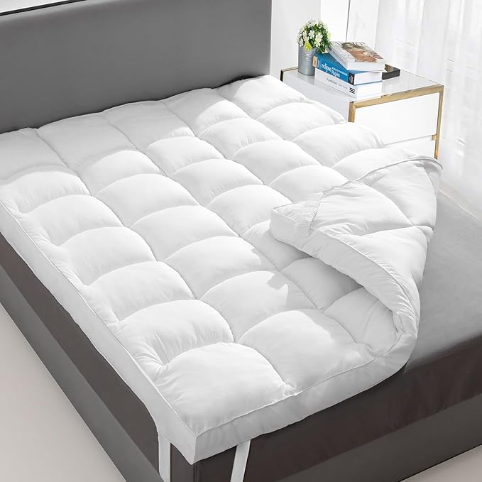 Extra Thick Fitted Mattress Topper - Full XL Size for College Dorm | Soft & Cooling Pillow Top Mattress Pad & Protector | Bed Topper for Back Pain, Straps Stretch 6" to 22" Deep