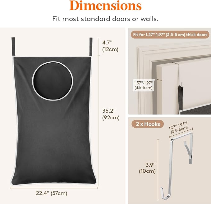 Lifewit 1 Pack Over Door Laundry Hamper, Large Collapsible Hanging Laundry Hamper, Hanging Laundry Basket Bag for Bathroom Bedroom Dirty Clothes Storage Organizer, Dark Gray - Image 2