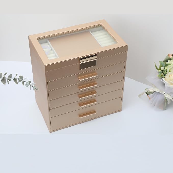 BOOVO Jewelry Boxes for Women, White and Black 6 Layer Large Jewelry Box for Necklace, Bracelet, Earrings, Rings Storage, Jewelry holder Organizer for Girls Gift (Gold, 6 layer) - Image 6