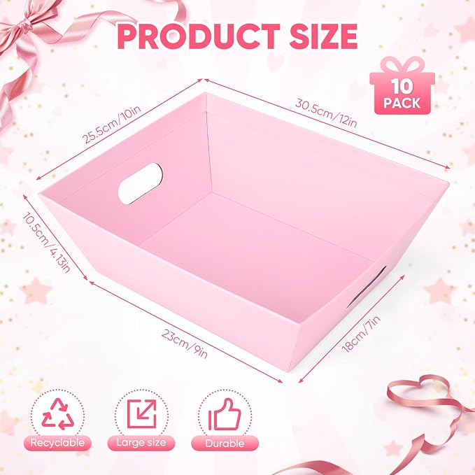 AFOROEOA 10PACK Pink Baskets For Gifts Empty, 10x12” Thick Gift Basket with 10 Bows 10 Bags Empty Gift Baskets for Christmas, Valentine’s Day, Easter, Birthdays, Valentine’s Day Wrapping Gift - Image 2