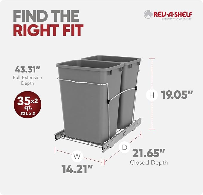 Rev-A-Shelf Double Pullout Trash Can for Kitchen Cabinets 35 Qt Garbage Recycling Bin on Full-Extension Slides, Silver, RV-18KD-17C S - Image 3