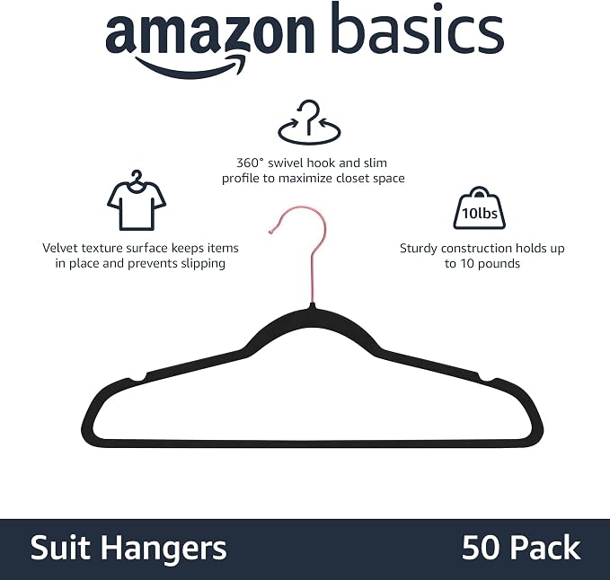 Amazon Basics Slim Velvet Non-Slip Space Saving Suit Clothes Hangers for Closet Organization, Black/Rose Gold, 50-Pack - Image 2