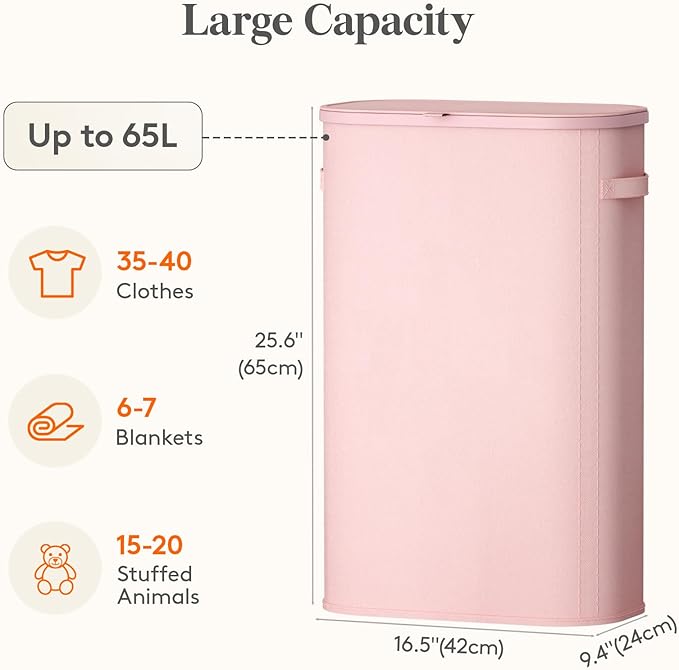 Lifewit Slim Laundry Basket with Lid, Narrow Large Laundry Hamper with Plastic Handles and Removable Bag, Tall Foldable Dirty Clothes Hampers for Laundry Room, Bedroom, Bathroom, Dorm, 65L Pink - Image 3