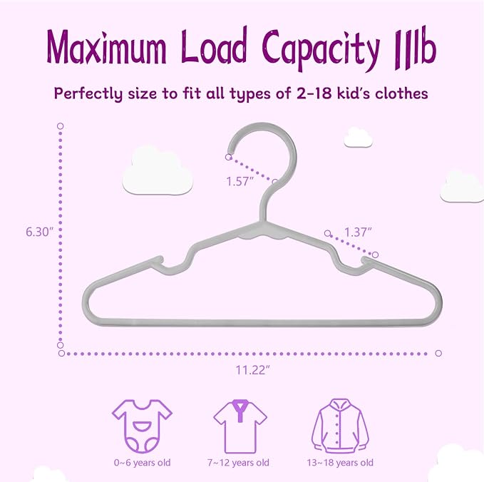 Baby Hangers for Closet 100 Pack Light Gray Plastic Kids Children's Clothes Hangers Non-Slip (Light Gray, 100) - Image 2