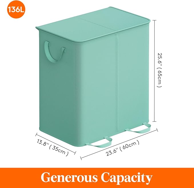 Lifewit Double Laundry Hamper with Lid and Removable Laundry Bags, Large Collapsible 2 Dividers Dirty Clothes Basket with Handles for Bedroom Laundry Room Closet Bathroom College, 136L Sage Green - Image 5