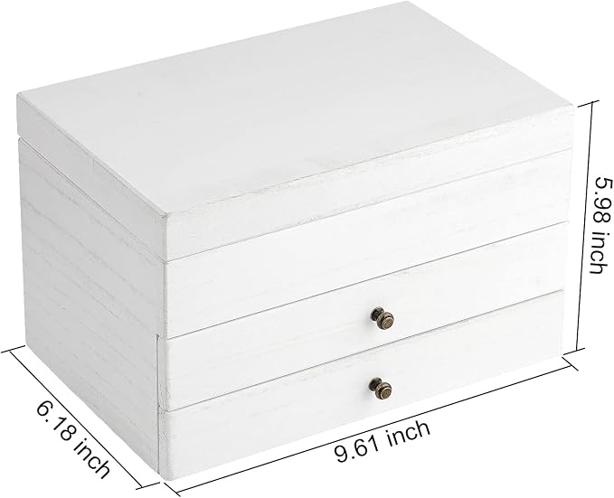 Meangood Jewelry Box Organizer for Women, 3 Layer Large Jewelry Storage Case, Rustic Wooden Jewelry Box with Mirror & Ring Tray for Necklace Earring Bracelets Rings, Vintage Style (White) - Image 6