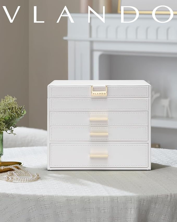 VLANDO 4 Layer Large Jewelry Box - Jewelry Holder Organizer, Jewelry Box Organizer for Drawer Necklace Ring Bracelet and Watch, Birthday Gift for Loved Ones - White - Image 2