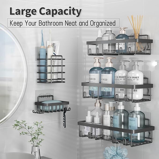 Liuoud 5 Pack Shower Caddy Organizer Rack Shelf for Inside Shower, Self Adhesive Bathroom Wall Storage Basket Rustproof Stainless Steel Large Capacity Shampoo Holder, Dark Grey - Image 3