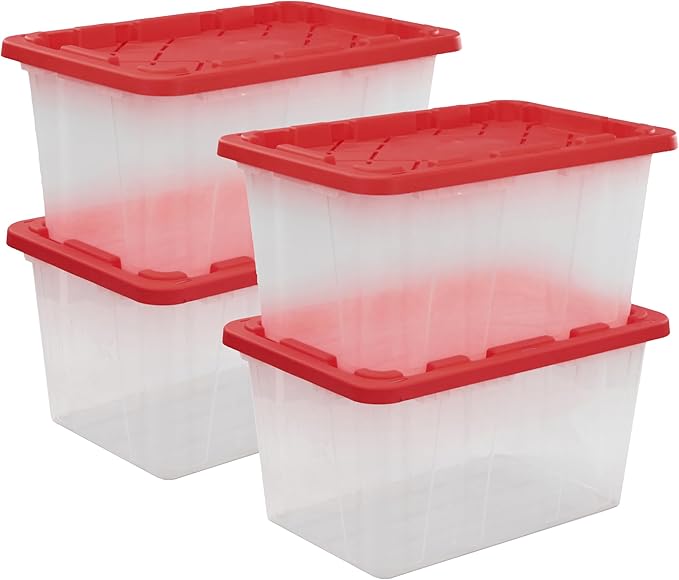 CX BLACK & YELLOW, XTRA TALL 27-Gallon Heavy Duty Clear Storage Container & Snap-Tight Lid, Clear & Red (28.5L x 19.4W x 15.2H), Weather-Resistant, Stackable, See-Through Organization Tote by BLACKYELLOW