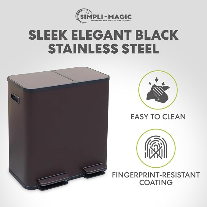 SIMPLI-Magic 18.5 Gallon (70L) Dual Compartment Kitchen Trash Can - Hands-Free Step Pedal, Soft-Close Lid, Stainless Steel Recycling Bin with Odor Filter (40L + 30L) - Image 8