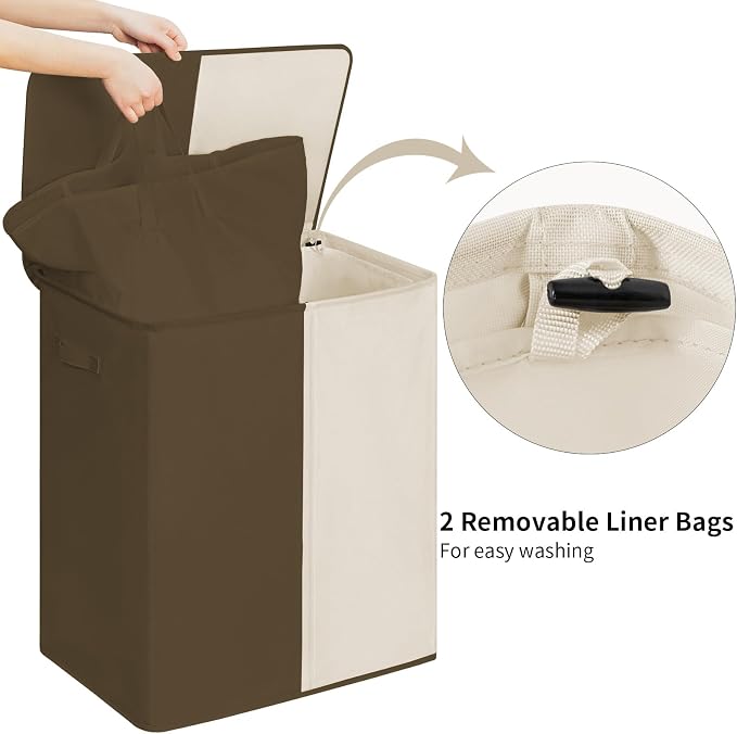 WOWLIVE Double Laundry Baseket with Lid and Removable Laundry Bags,154L Large Laundry Hamper 2 Section Collapsible Dirty Clothes Hamper for Laundry Room,College Dorm,Bathroom,Brown and Beige - Image 4