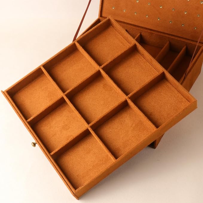 Women Jewelry Box Lockable 3 Layers Large Jewelry Organizer Storage Case for Earrings Necklaces Rings Bracelets,Green Display Jewel Holder (Caramel) - Image 6