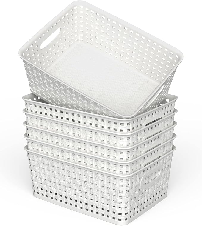 WYT Woven Plastic Storage Baskets, 6 Pack White Weave Bins Organizer, 10.1" x 7.55" x 4.1" - Image 9