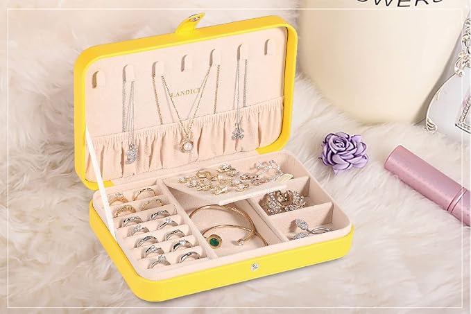 LANDICI Small Jewelry Box for Women Girls, PU Leather Travel Jewelry Organizer Case, Portable Jewellery Storage Holder Display for Ring Earrings Necklace Bracelet Bangle Watch Men Kids Gift, Yellow - Image 8