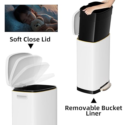 KdbK 13 Gallon Trash Can with Lid, 50L Fingerprint Proof Stainless Steel Kitchen Trash Can with Removable Inner Bucket and Lid Soft Close, Pedal Rubbish Bin for Home Office, White - Image 3