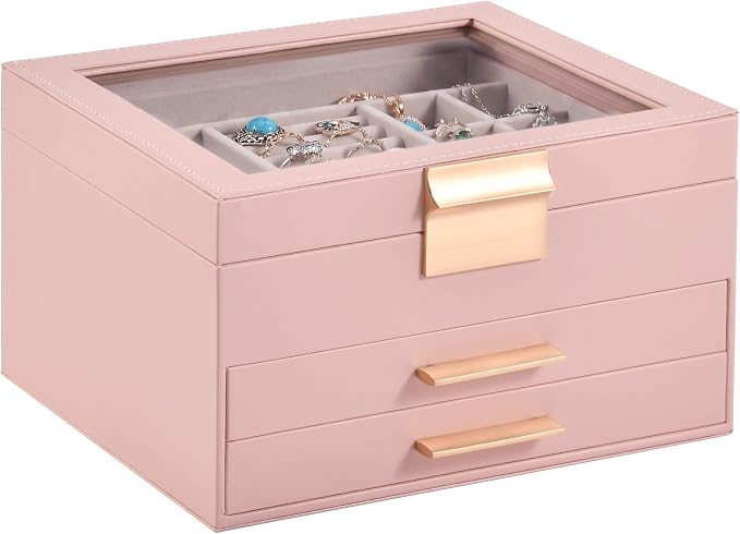 Somduy Jewelry Box Organizer for Women,3 Layers Jewelry Storage Display Box with Glass Lid,Gift for Christmas,3 Drawers,Large Capacity for Necklace Earrings Bracelets Rings,Pink by Somduy