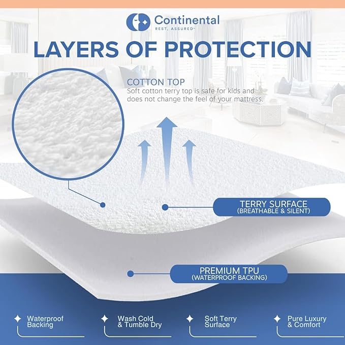 Continental Bedding Terry Cloth Mattress Pad Protector Plush Comfort and Waterproof Protection