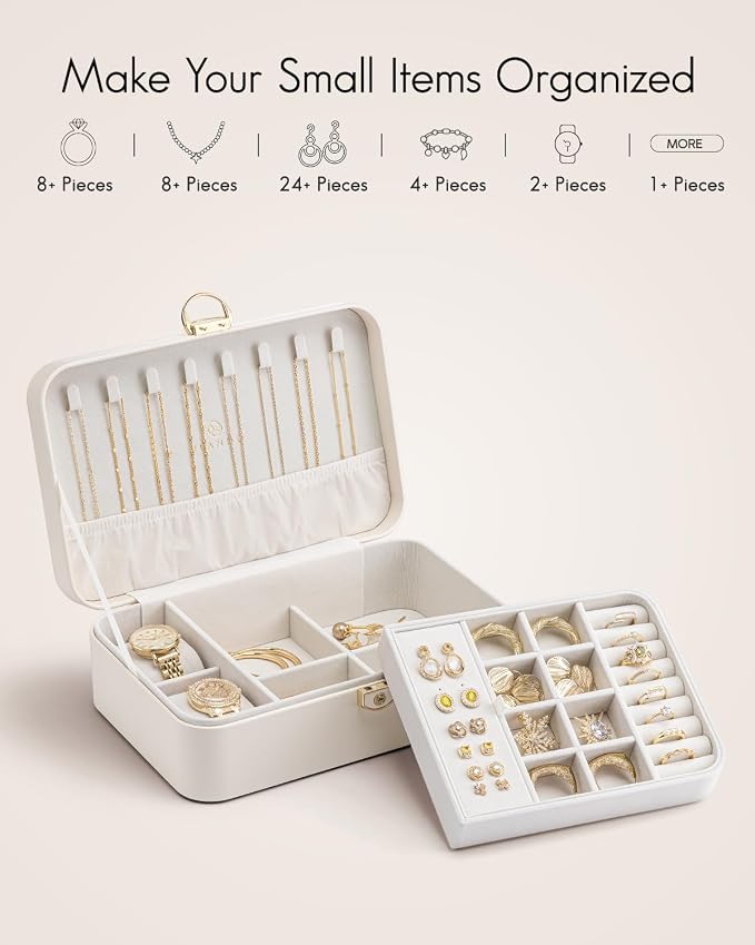 VLANDO 2 Layer Jewelry Box,Jewelry Organizer Storage Lockable Earring Organizer Removable Jewelry Tray with Watch Pillow for Neckable Ring Bracelets-Cream White - Image 5