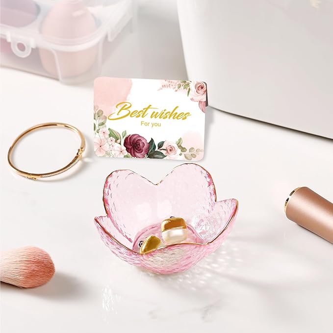Gifts for Women Pink Flower Ring Dish Glass Jewelry Dish Jewelry Tray Cute Vanity Organizer Room Decor Aesthetic Nightstand Bathroom Decor Trinket Dish Ring Holder Dish Jewellery Tray Valentine's Gift - Image 3