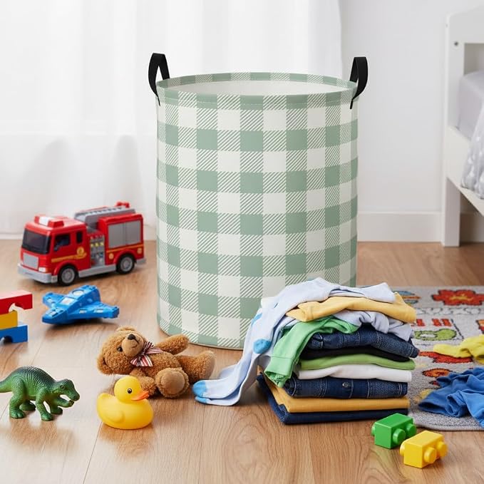 Baby Laundry Hamper kids laundry Basket Waterproof Laundry Bag for Bedroom Toy Clothes Organizer Room Décor(Green Checkered) - Image 3