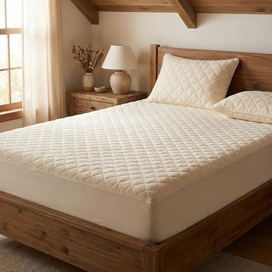 Waterproof Mattress Protector with Washable Wool Filling, Natural Cotton Top, Breathable, Temperature Regulating, Moisture-Wicking, Washable Cover, King