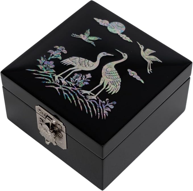 February Mountain Mother of Pearl Mini Jewelry Box - Organizer for Earring Necklace Ring & Bracelet Jewelry Display Storage Case for Woman Unique Gifts (Crane_Black) - Image 2