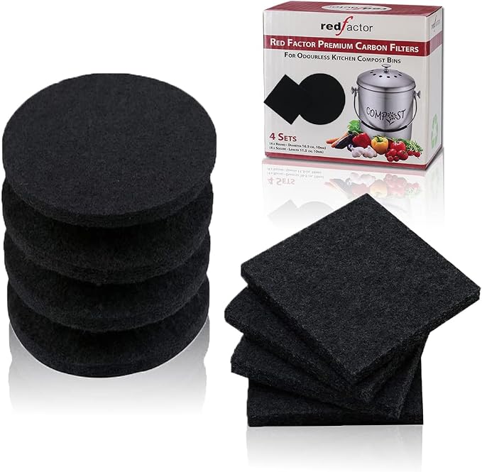 RED FACTOR 8 Pack Extra Thick Charcoal Filters for Kitchen Compost Bins - Activated Carbon Replacement Filters for Odor Free Buckets (4 Round, 4 Square) by REDFACTOR