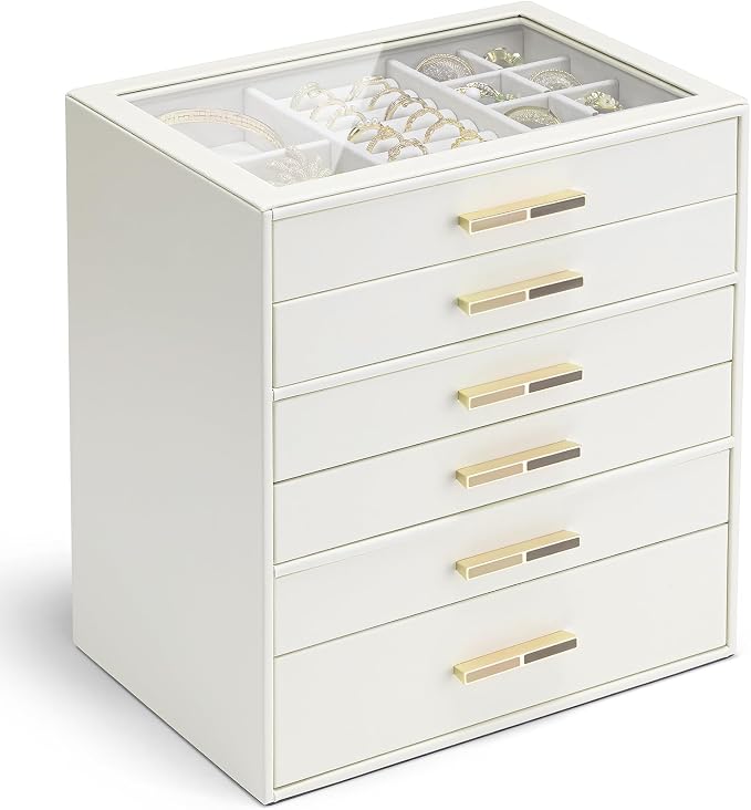 VLANDO 6 Layer Jewelry Box for Women, Glass Lid Jewelry Organizer with 6 Drawers for Necklaces Rings Earrings Bracelets - Cloud White by VLANDO