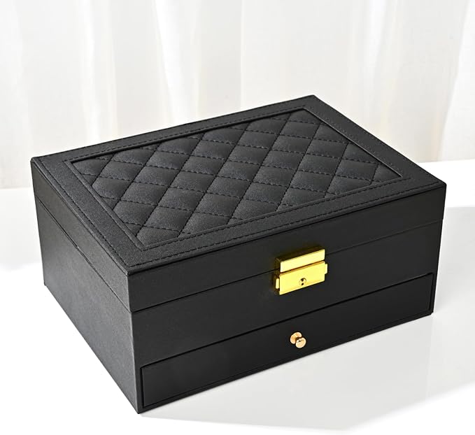 GUOER Jewelry Box for Women Girl Wife - Large PU Leather Jewelry Organizer Storage Case with Two Layers Display for Earrings Bracelets Rings Watches Mothers Day Gifts (Black) by GUOER