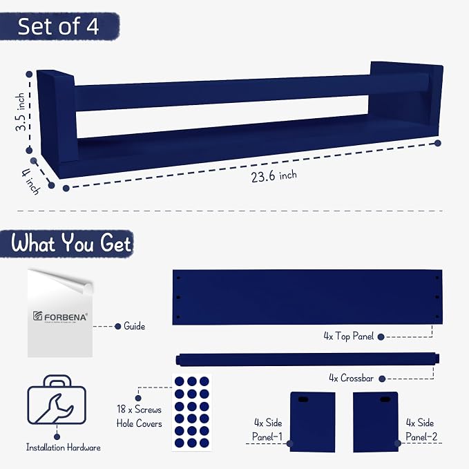 Forbena Wall Book Shelf Organizer for Kids Room Set of 4, Large Floating Book Shelves for Boy Nursery Wall Deocr, 24 Inches Wall Mount Bookshelf for Toddler Child Teen Boys Bedroom (Navy Blue) - Image 3