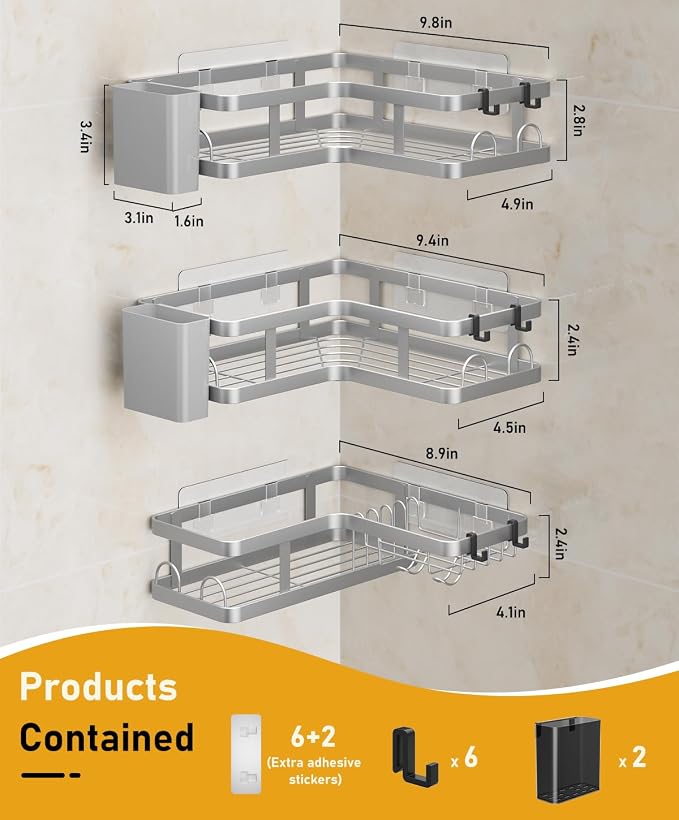 3 Pack Corner Shower Caddy Organizer, Rustproof Corner Shower Shelves, No Drilling Bathroom Corner Shelf with Hooks and Toothpaste Holder - Image 7