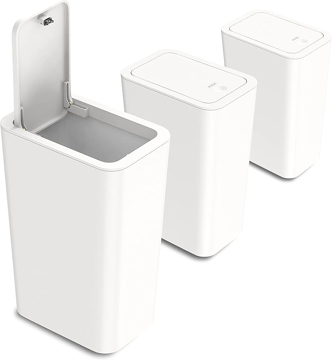 N. NETDOT 3 Pack 10L / 2.6 Gallon Small Trash Can with Lid, Bathroom Garbage Can with Pop-Up Lid, Waste Basket for Bathroom, Kitchen, Bedroom, Powder Room, Craft Room, Office, College (Off White) by NNETDOT