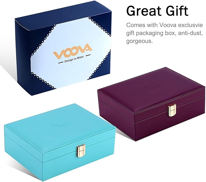 Voova Jewelry Box Organizer for Women Girls, 2 Layer Large Men Jewelry Storage Case, PU Leather Display Jewellery Holder with Removable Tray for Necklace Earrings Rings Bracelets, Gift, Teal/Lake Blue - Image 7