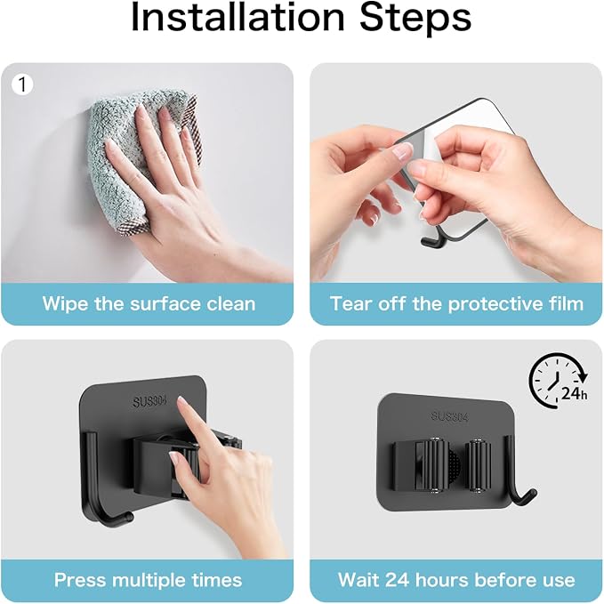 nacena 4 Pack No Drill Self Adhesive Broom Mop Holder Wall Mount with Hooks, Heavy Duty Stainless Steel Organizer for Kitchen Bathroom Garage Storage, Black - Image 3
