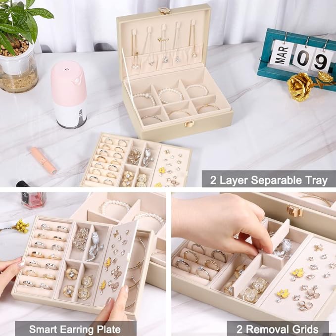 Voova Jewelry Box Organizer for Women Girls, 2 Layer Large Men Jewelry Storage Case, PU Leather Display Jewellery Holder with Removable Tray for Necklace Earrings Rings Bracelets, Vintage Gift,Apricot - Image 3