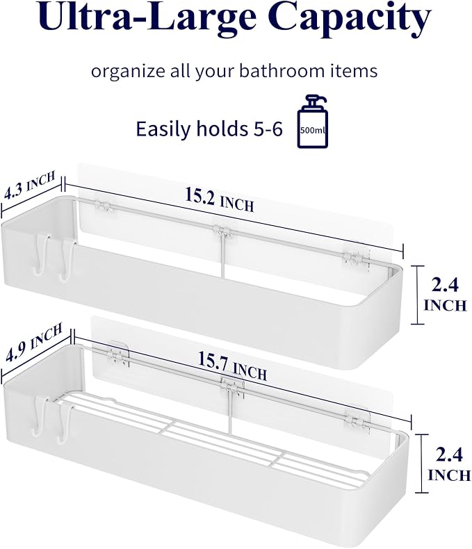 Kitsure Shower Caddy - 2 Pack Adhesive Shower Organizer, Rustproof Metal Shelves, No-Drill Bathroom Organizers and Storage, White, XX-Large - Image 2