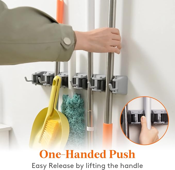 Lifewit Mop and Broom Holder Wall Mount, Anti-Slip Broom Hanger for Cleaning Supplies Organizer, Easy Install Tool Hanging Rack for Closet, Kitchen, Garage, 5 Slot 6 Hooks, Hold 30lbs, Gray, 1 Pack - Image 3