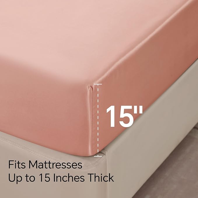 BEDELITE Satin Sheets Full Size Bed Set, Luxury Soft Coral Pink Silky Sheets for Hair and Skin, Similar to Silk Bed Sheets Set 4 Pieces with 1 Deep Pocket Fitted Sheet, 1 Flat Sheet, and 2 Pillowcases