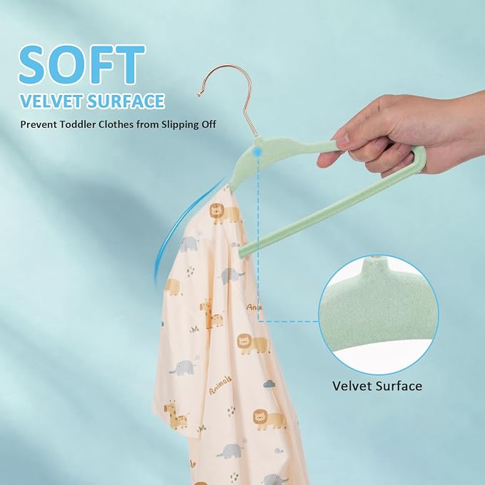 Tonswachic Baby Hangers 11 Inch, 50 Pack Velvet Baby Clothes Hangers Non-Slip Ultra-Slim Children Hangers with 10 Clips for Infant Toddler Newborn, Space-Saving Closet Organization - Green - Image 6