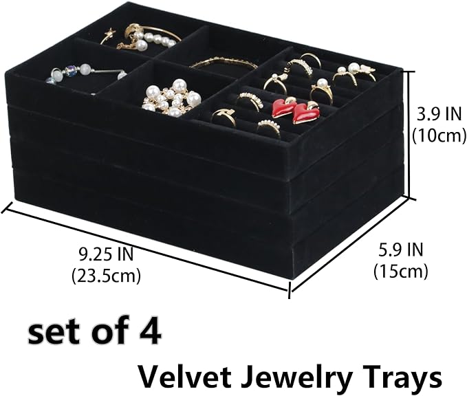 Set of 4 Stackable Jewelry Trays Organizer, Velvet Earring Organizer, Jewelry Organizer Showcase Display Drawer Organizer Storage, Earring Holder Necklace Bracelet Ring Accessary Organizers (Black) - Image 3