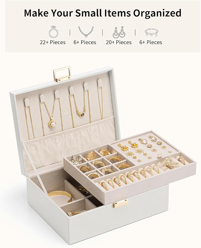 VLANDO Jewelry Box for Women, Gift for Women Girls,2 Layer Jewelry Box,Large Jewelry Organizer for Women Removable Jewelery Tray for Necklace Earrings Rings (Cloud White) - Image 4