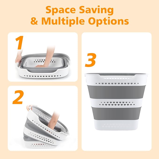 3 Pcs 42L Medium Collapsible Plastic Laundry Basket with Handles, Foldable Laundry Basket Hamper, Pop Up Storage Container Organizer for Washing Storage (Gery, 17 Inch * 13 Inch * 15 Inch) - Image 4