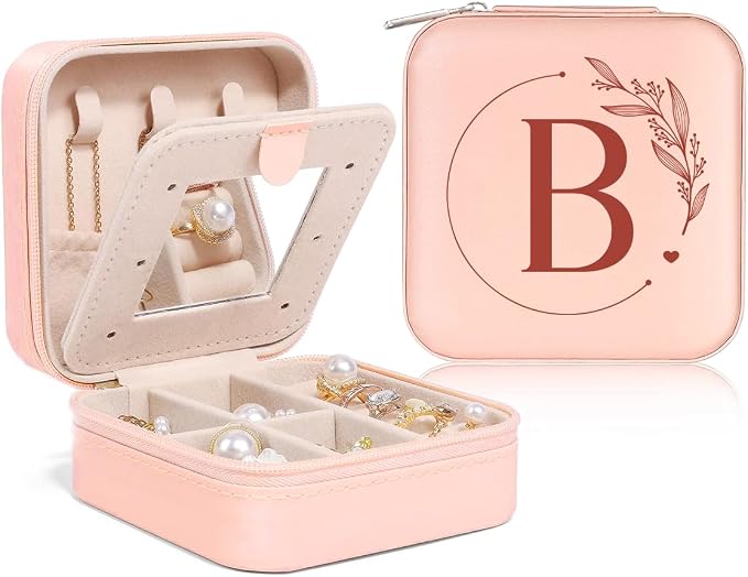 SANDJEST Personalized Jewelry Box, Pink Small Travel Jewelry Box with Initial B, Monogrammed Jewelry Case Organizer for Girls Women Teen, Mini Travel Essentials Gifts for Christmas Birthday by SANDJEST