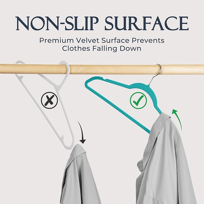 HOUSE DAY Mint Green Velvet Hangers 60 Pack, Non Slip Clothes Felt Hanger Heavy Duty for Coat, Premium Slim Space Saving Suit Hangers for Closet Organizer, 360° Rotating Silver Hook - Image 2