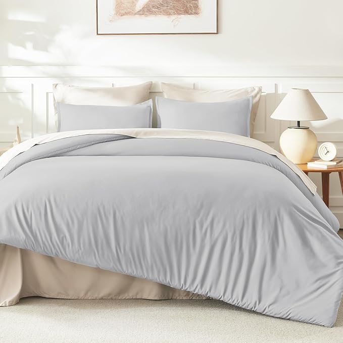 Litanika Light Grey Comforter Full Size, 3 Pieces Lightweight Solid Bedding Comforter Set, All Season Fluffy Bed Set (79x90In Comforter & 2 Pillowcases)