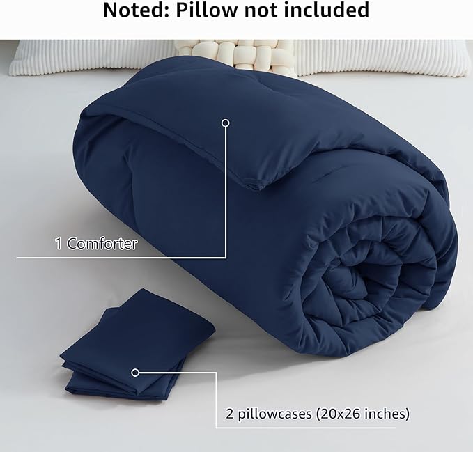 CozyLux Navy Blue Full Size Comforter Set, 3 Pieces Solid Breathable Quilted Style Bedding Sets, Luxury Fluffy Soft Bed Set with Down Alternative Comforter for All Season (1 Comforter & 2 Pillowcases)
