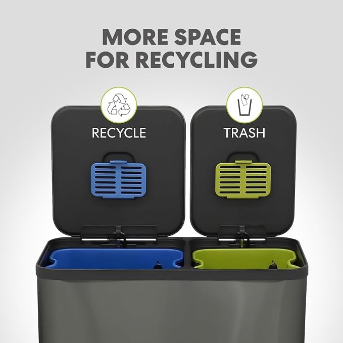 SIMPLI-Magic 18.5 Gallon (70L) Dual Compartment Kitchen Trash Can - Hands-Free Step Pedal, Soft-Close Lid, Stainless Steel Recycling Bin with Odor Filter (40L + 30L), Black - Image 5