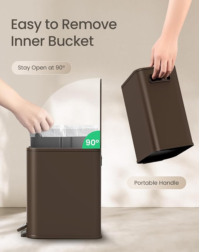 Cesun Small Bathroom Trash Can with Lid Soft Close, Step Pedal, 5 Liter / 1.3 Gallon Stainless Steel Garbage Can with Removable Inner Bucket, Waste Basket for Bathroom, Bedroom (Brown) - Image 5